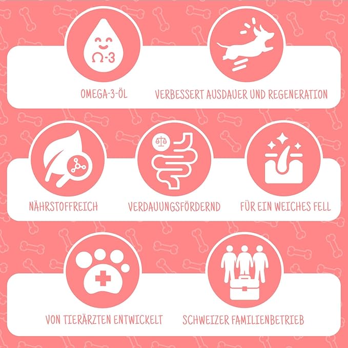 BOOST supplement for active dogs, featuring vital nutrients for endurance and recovery, displayed on a background with white circles and icons.