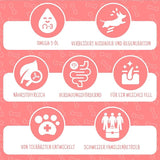 BOOST supplement for active dogs, featuring vital nutrients for endurance and recovery, displayed on a background with white circles and icons.