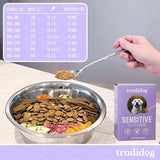 Person holding spoon over a bowl of tradidog® SENSITIVE dog food, designed to support digestion and well-being for sensitive dogs.